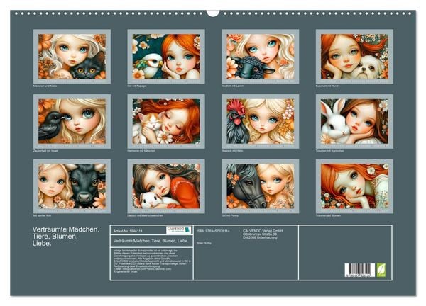 Produktbild: Vertr&auml;umte M&auml;dchen. Tiere, Blumen, Liebe. (Wandkalender 2026 DIN A2 quer), CALVENDO Monatskalender