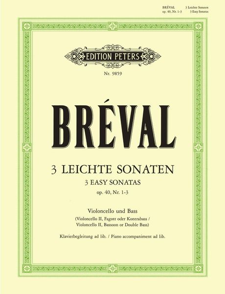 Produktbild: Br&eacute;val, J: 3 Easy Sonatas for Cello and Bass Instrument (Pia