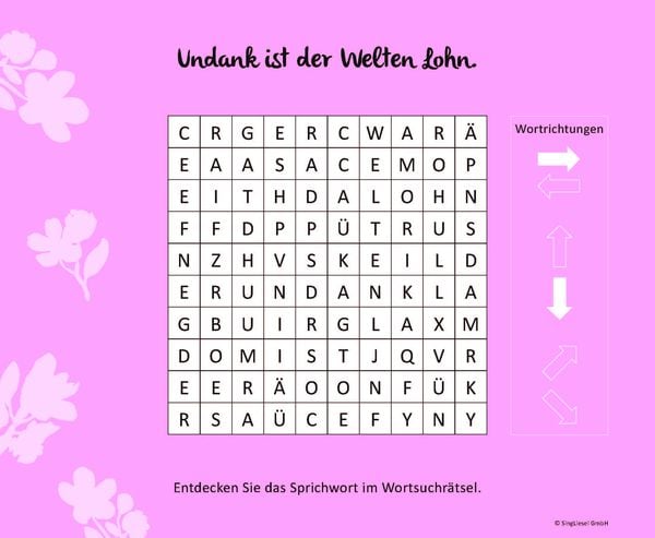 "Wortsuchrätsel für Senioren mit vertrauten Sprichwörtern. Spiele-Spaß