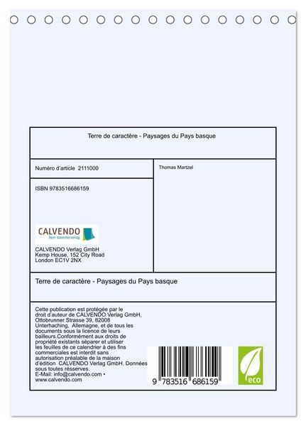 Produktbild: Terre de caract&egrave;re - Paysages du Pays basque (Calendrier de bureau 2026 DIN A5 horizontal), CALVENDO calendrier mensuel