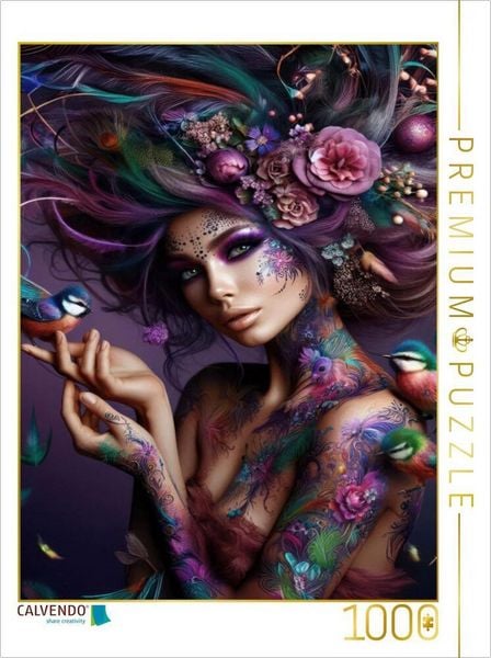 Produktbild: CALVENDO Puzzle Portrait einer Frau mit lilafarbenen organischen Haarschmuck und Paradiesv&ouml;geln auf der Hand | 1000 Teile Lege-Gr&ouml;&szlig;e 64x48cm Foto-Puzz