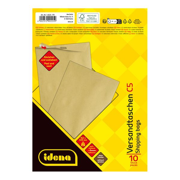 Produktbild: Idena Versandtaschen ohne Fenster haftklebend 90g/m&sup2; braun DIN C5 10 St&uuml;ck