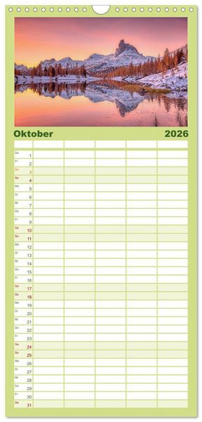 Produktbild: Familienplaner 2026 - Bergstille - Landschaften, die ber&uuml;hren mit 5 Spalten (Wandkalender, 21 x 45 cm) CALVENDO