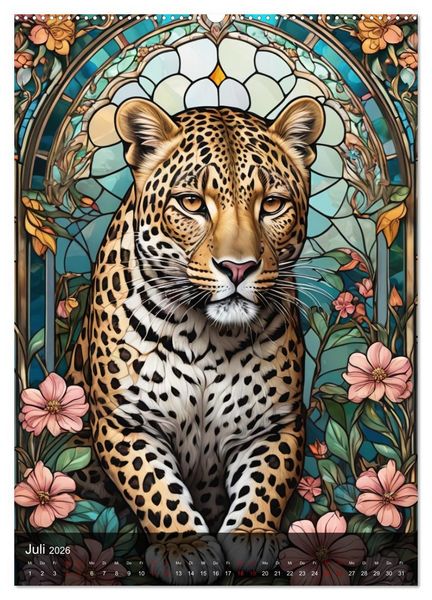 Produktbild: Wildtiere und Glaskunst im Tiffany Stil (hochwertiger Premium Wandkalender 2026 DIN A2 hoch), Kunstdruck in Hochglanz