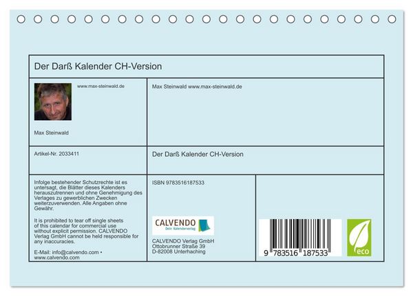 Produktbild: Der Dar&szlig; Kalender CH-Version (Tischkalender 2026 DIN A5 quer), CALVENDO Monatskalender