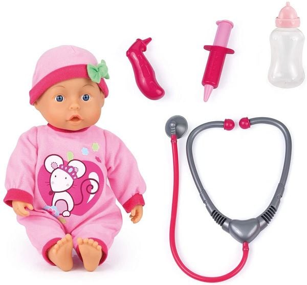 Bayer Design 93378AA - Doktor-Set mit Puppe und Zubehör, mit 24 Babylaute, Weichkörperpuppe, Doktorpuppe, Funktionspuppe, Babypuppe, 33cm