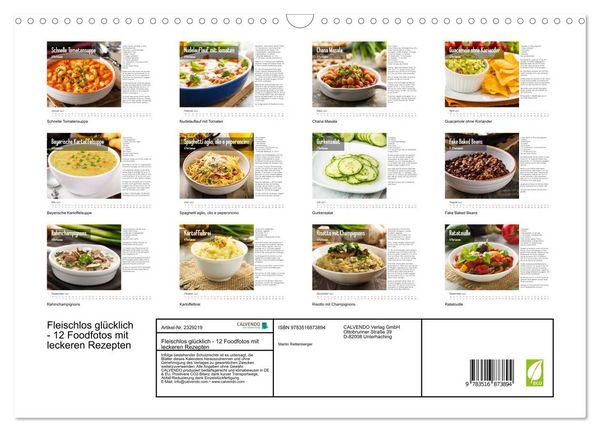 Produktbild: Fleischlos gl&uuml;cklich - 12 Foodfotos mit leckeren Rezepten (Wandkalender 2027 DIN A3 quer), CALVENDO Monatskalender