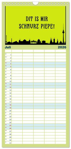 Produktbild: Familienplaner 2026 - Berliner Mundart mit 5 Spalten (Wandkalender, 21 x 45 cm) CALVENDO
