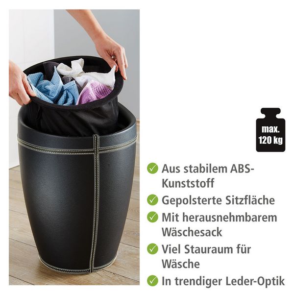 Produktbild: Hocker Mod. Candy Black in Lederoptik, mit W&auml;schesack, mit abnehmbarem W&auml;schesammler