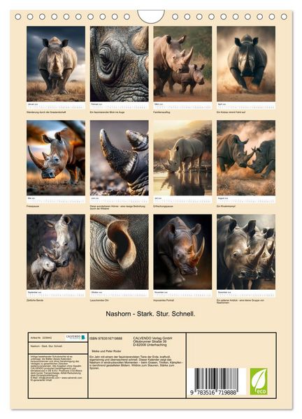 Produktbild: Nashorn - Stark. Stur. Schnell. (Wandkalender 2026 DIN A4 hoch), CALVENDO Monatskalender