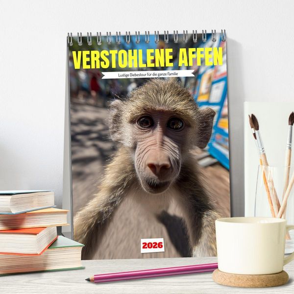Produktbild: Verstohlene Affen - Lustige Diebestour f&uuml;r die ganze Familie (Tischkalender 2026 DIN A5 hoch), CALVENDO Monatskalender