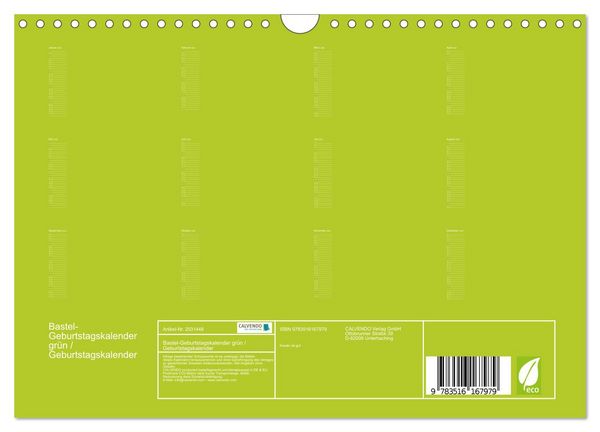 Produktbild: Bastel-Geburtstagskalender gr&uuml;n / Geburtstagskalender (Wandkalender 2026 DIN A4 quer), CALVENDO Monatskalender