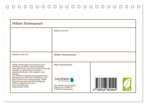 Produktbild: William Shakespeare (Tischkalender 2026 DIN A5 quer), CALVENDO Monatskalender