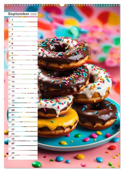 Produktbild: Donuts and Birthdays, s&uuml;&szlig;er Geburtstagskalender mit bunte KI Donuts (Wandkalender 2026 DIN A2 hoch), CALVENDO Monatskalender