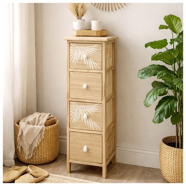 HTI-Living Kommode Melia schmal 4 Schubladen Palmen-Design Artisaneiche-Weiß