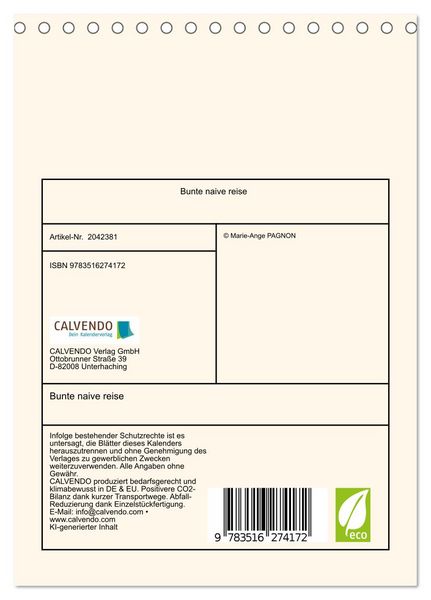 Produktbild: Bunte naive reise (Tischkalender 2026 DIN A5 hoch), CALVENDO Monatskalender