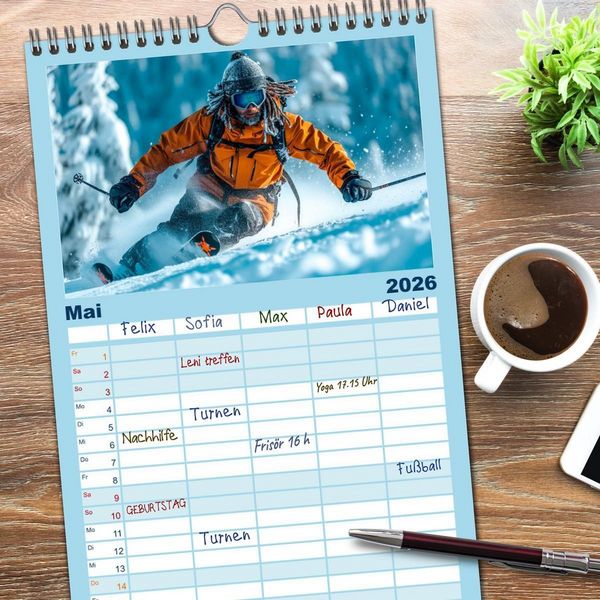 Produktbild: Familienplaner 2026 - Skifahren - tolle Momente mit 5 Spalten (Wandkalender, 21 x 45 cm) CALVENDO
