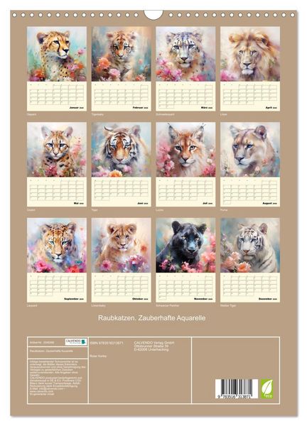 Produktbild: Raubkatzen. Zauberhafte Aquarelle (Wandkalender 2026 DIN A3 hoch), CALVENDO Monatskalender