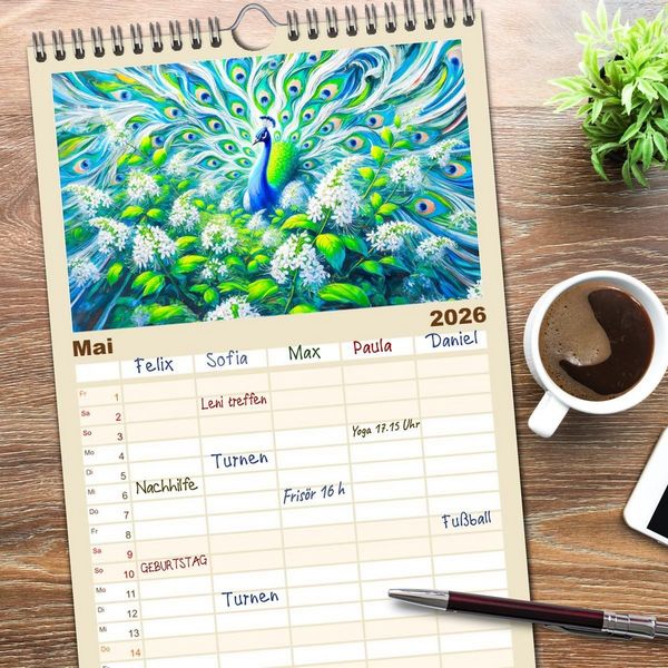 Produktbild: Familienplaner 2026 - Tanz der Pfauen - Jahreszeiten in abstrakter Eleganz mit 5 Spalten (Wandkalender, 21 x 45 cm) CALVENDO