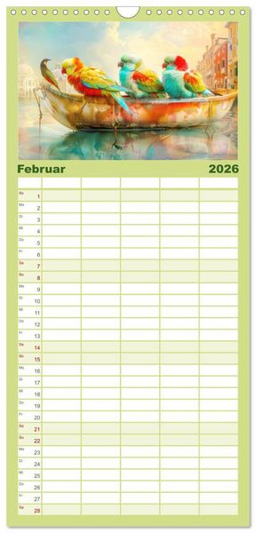 Produktbild: Familienplaner 2026 - Farbenfrohe Fantasiev&ouml;gel mit 5 Spalten (Wandkalender, 21 x 45 cm) CALVENDO