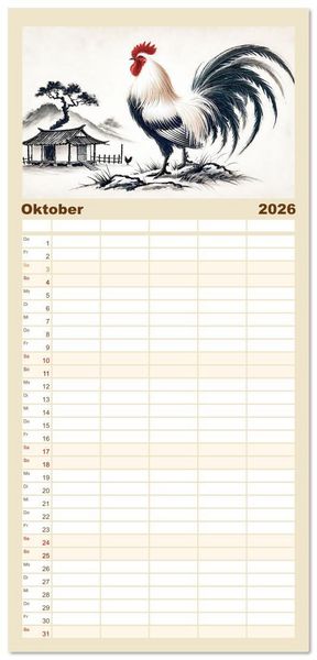 Produktbild: Familienplaner 2026 - Chinesische Tierkreiszeichen - Kunstvolle KI-Tuschemalerei des Ostens mit 5 Spalten (Wandkalender, 21 x 45 cm) CALVENDO