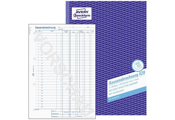Produktbild: AVERY Zweckform Kassenabrechnung MwSt. Spalte f&uuml;r Ausgaben mit Blaupapier DIN A4 100 Blatt