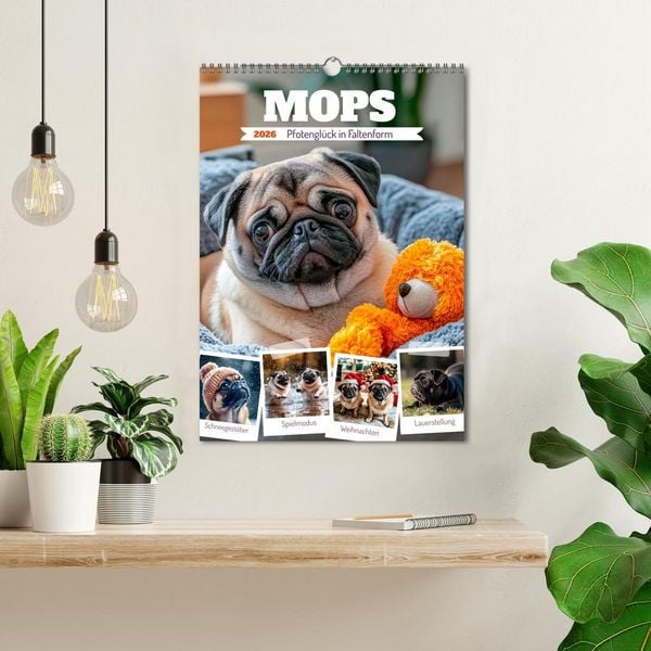 Produktbild: MOPS Pfotengl&uuml;ck in Faltenform (Wandkalender 2026 DIN A3 hoch), CALVENDO Monatskalender