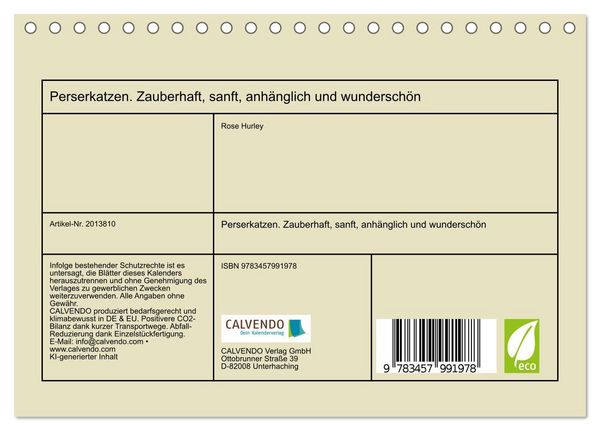 Produktbild: Perserkatzen. Zauberhaft, sanft, anh&auml;nglich und wundersch&ouml;n (Tischkalender 2026 DIN A5 quer), CALVENDO Monatskalender