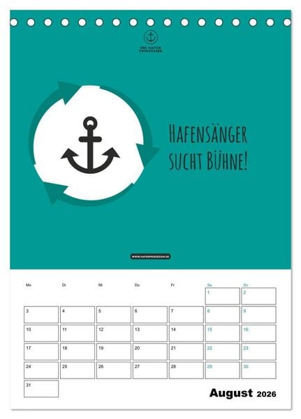 Produktbild: hafenprinzessin: Ankertr&auml;ume & Meer - Der moderne Zitate-Wandkalender f&uuml;r maritime Lebensmomente! (Tischkalender 2026 DIN A5 hoch), CALVENDO Monatskalender