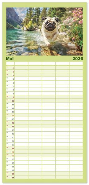 Produktbild: Familienplaner 2026 - Mops trifft Berglust. Fidele Gipfelst&uuml;rmer im H&ouml;henrausch mit 5 Spalten (Wandkalender, 21 x 45 cm) CALVENDO
