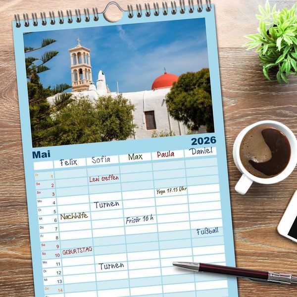 Produktbild: Familienplaner 2026 - Mykonos - Natur, Meer und wei&szlig;e W&auml;nde mit 5 Spalten (Wandkalender, 21 x 45 cm) CALVENDO