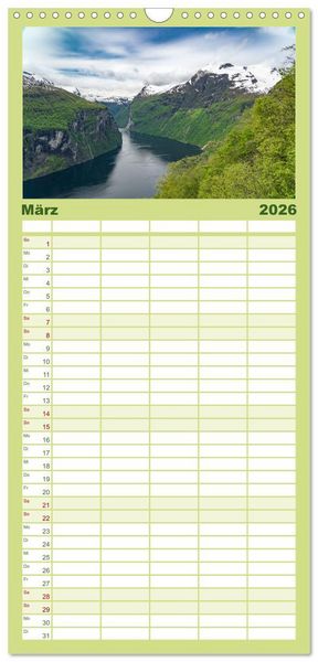 Produktbild: Familienplaner 2026 - Norwegens wundersch&ouml;ne Fjorde mit 5 Spalten (Wandkalender, 21 x 45 cm) CALVENDO