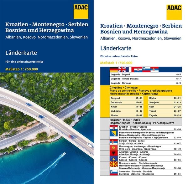 Produktbild: ADAC Länderkarte Kroatien, Montenegro, Serbien, Bosnien u. Herzegowina 1:750.000