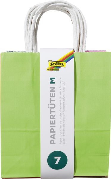 Folia Papiertüten M BASIC, Geschenktüten 110g/m² Kraftpapier 18x8x21cm, 7 Stück farbig sortiert