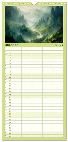 Produktbild: Familienplaner 2027 - Tr&auml;umereien in Gr&uuml;n mit 5 Spalten (Wandkalender, 21 x 45 cm) CALVENDO