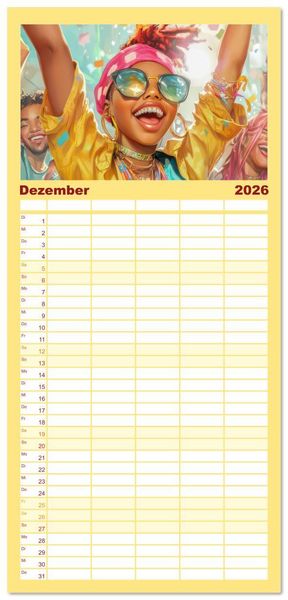 Produktbild: Familienplaner 2026 - Feiern und Musik - Beschwingt dabei mit 5 Spalten (Wandkalender, 21 x 45 cm) CALVENDO