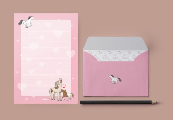 Liniertes Briefpapier-Set für Kinder: Pferde, Ponys (rosa mit Herzen, Mädchen)