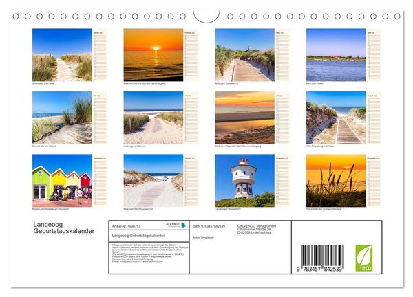 Produktbild: Langeoog Geburtstagskalender (Wandkalender 2026 DIN A4 quer), CALVENDO Monatskalender