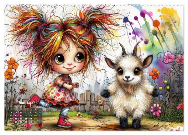 Produktbild: Kunterbunte Freundschaften - Fr&ouml;hliche M&auml;dchen und ihre tierischen Freunde (hochwertiger Premium Wandkalender 2026 DIN A2 quer), Kunstdruck in Hochglanz