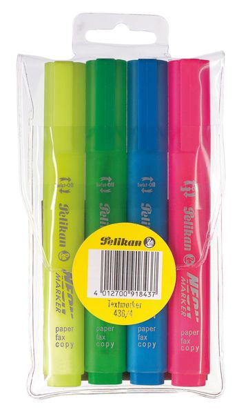 Pelikan Textmarker 438 Neon, 4 Farben in Gelb, Grün, Pink, Blau im Etui