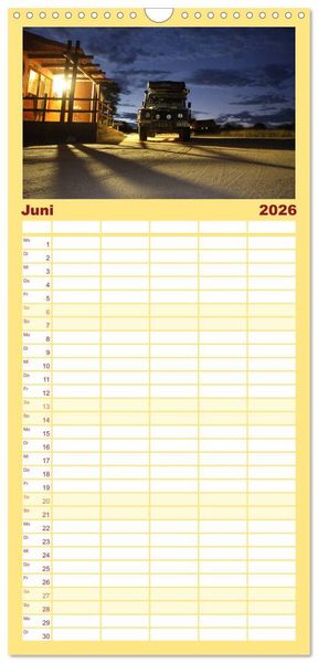 Produktbild: Familienplaner 2026 - Land Rover Defender - Unterwegs in Afrika mit 5 Spalten (Wandkalender, 21 x 45 cm) CALVENDO