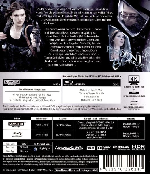 Produktbild: Resident Evil: Afterlife (4K Ultra HD) (+ Blu-ray 2D)