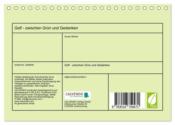 Produktbild: Golf - zwischen Gr&uuml;n und Gedanken (Tischkalender 2027 DIN A5 quer), CALVENDO Monatskalender