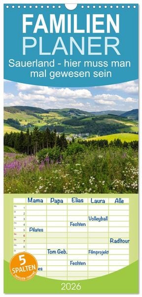 Produktbild: Familienplaner 2026 - Sauerland - hier muss man mal gewesen sein mit 5 Spalten (Wandkalender, 21 x 45 cm) CALVENDO