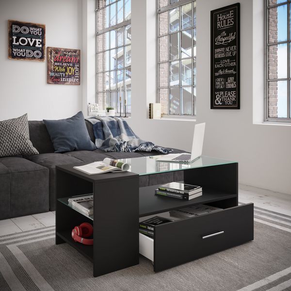 Produktbild: Holz Sofatisch Couchtisch Schublade Glas Tindala