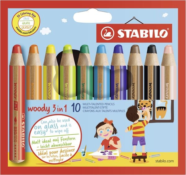 STABILO Buntstift, Wasserfarbe & Wachsmalkreide - woody 3 in 1 - 10er Pack - mit 10 verschiedenen Farben