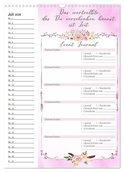 Produktbild: Geburtstagsplaner Boho Rosa - F&uuml;r Termine, Geschenke, Eventdetails & mehr (Wandkalender 2026 DIN A3 hoch), CALVENDO Monatskalender