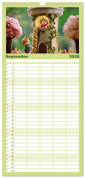 Produktbild: Familienplaner 2026 - Amigurumi M&auml;rchenstunde nach den Gebr&uuml;dern Grimm mit 5 Spalten (Wandkalender, 21 x 45 cm) CALVENDO