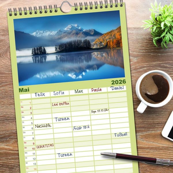 Produktbild: Familienplaner 2026 - Bergstille - Landschaften, die ber&uuml;hren mit 5 Spalten (Wandkalender, 21 x 45 cm) CALVENDO