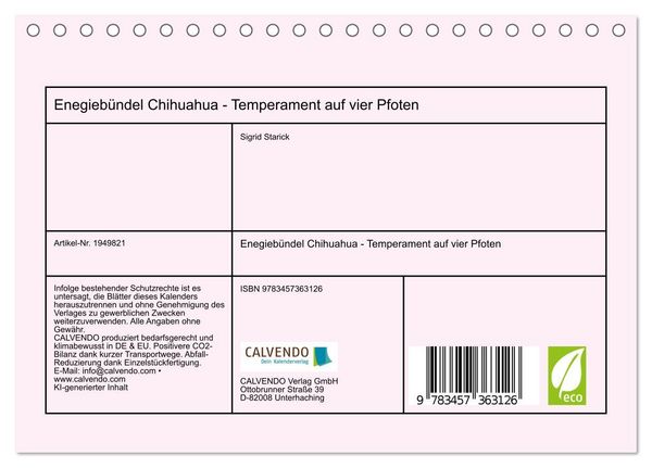 Produktbild: Enegieb&uuml;ndel Chihuahua - Temperament auf vier Pfoten (Tischkalender 2026 DIN A5 quer), CALVENDO Monatskalender